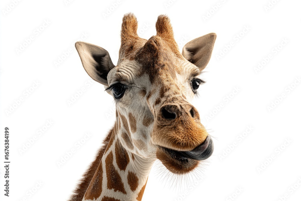 Naklejka premium Close-up of a giraffe's head and neck against a white background