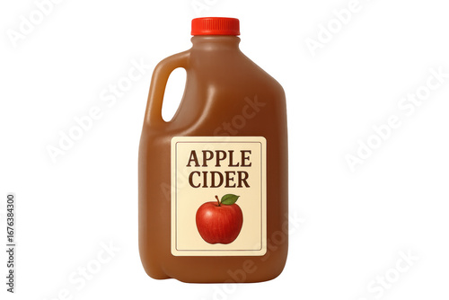 Plastic gallon jug of apple cider on transparent background