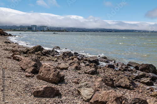  Chert / sedimentary rock. commonly with thin interlayers of reddish-brown shale, graywacke and greenstone. Coyote Point Beach, San Mateo, California. San Francisco Peninsula. San Francisco Bay

