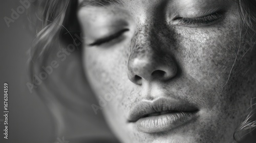 Close-up grayscale portrait of a woman with freckles