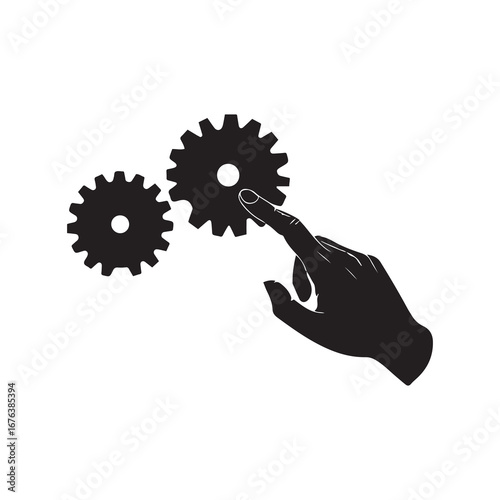 Black Silhouette of Hand Touching Gears on a White Background
