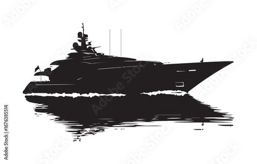 Black Silhouette of Luxury Superyacht with Reflected Water Texture