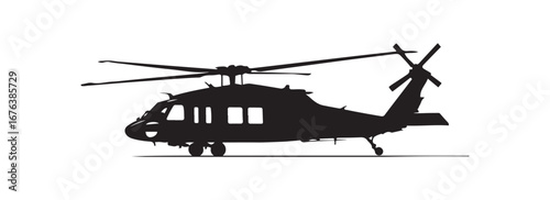 Black Silhouette of Military Helicopter with Rotor Blades and Landing Gear on Ground