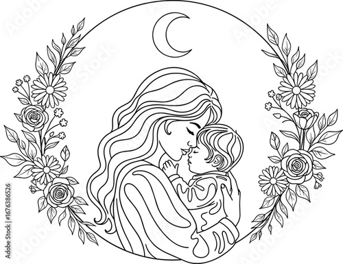 Beautiful mother and child embracing under moon, floral frame design, line art vector illustration of maternal love, family bond, and nature connection