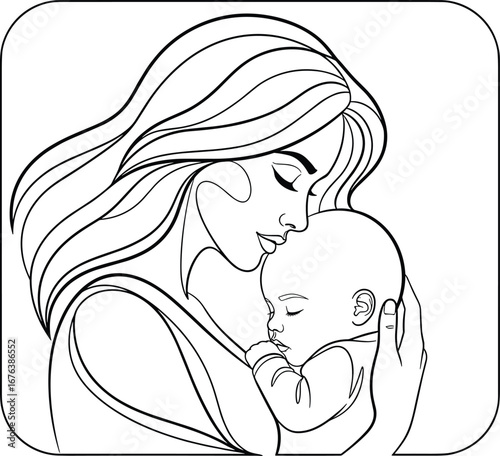Mother holding baby close in loving embrace, emotional bond between parent and child, vector line art illustration of motherhood and care