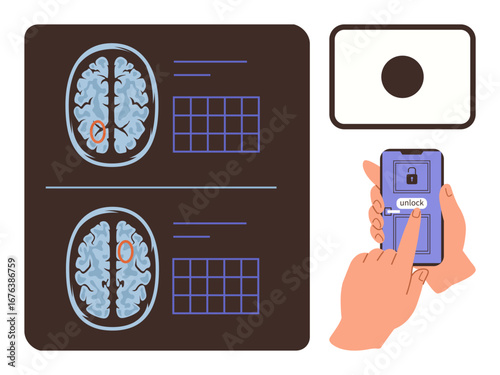 Brain scan images next to a hand unlocking a smartphone, illustrating the connection of neuroscience with technology and AI. Ideal for education, AI, neuroscience, brain analysis, biometrics, mental