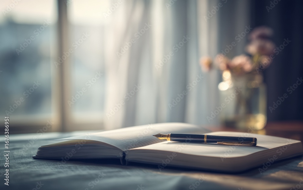 Obraz premium Open notebook with pen resting on a table by a window