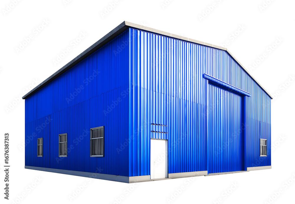 Fototapeta premium Vibrant Blue Industrial Warehouse isolated on a transparent background