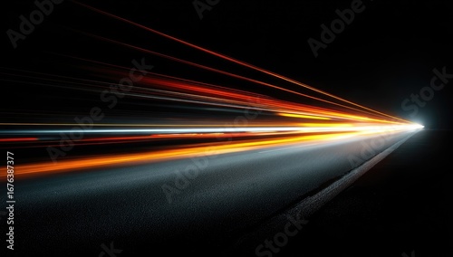 Night tunnel, car lights streak forward