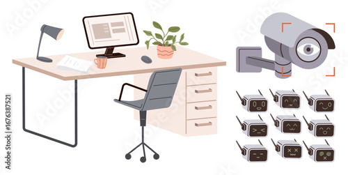 Workspace setup with a desk, computer, chair, lamp, plant, coffee cup, surveillance camera and robot icons. Ideal for technology AI security privacy workspace office innovation. Simple flat