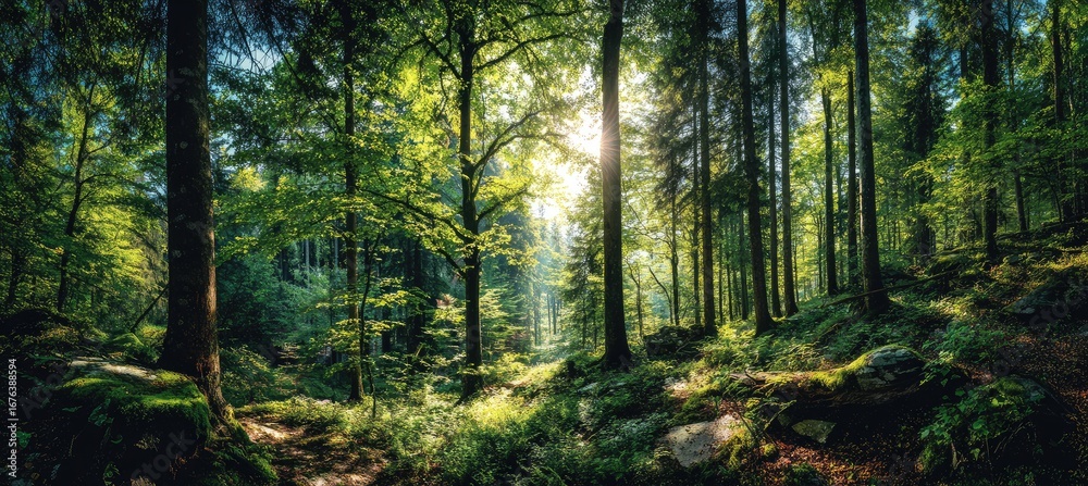 Obraz premium Sunlight filters through a dense, verdant forest