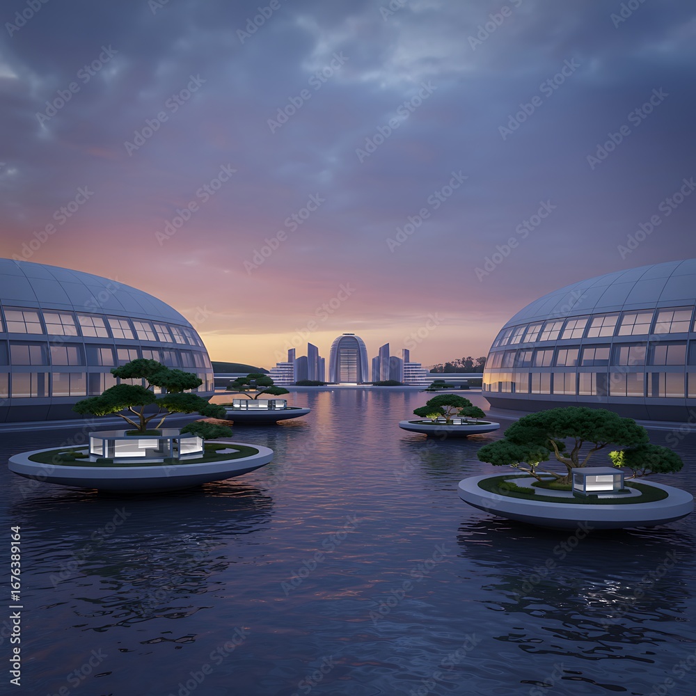 Obraz premium Futuristic architectural complex with domes and water features at sunset