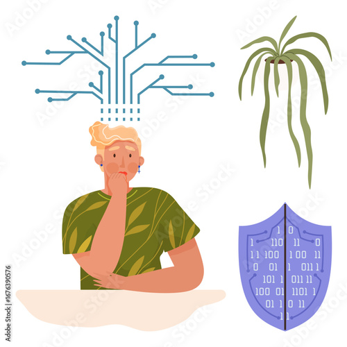 Man contemplating digital circuit streaming above head with shield of binary code and hanging plant nearby. Ideal for technology, innovation, digital security, growth, meditation, creativity