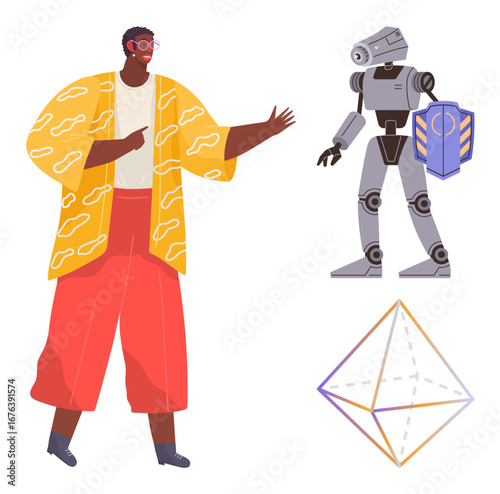 Person gesturing toward a humanoid robot carrying a shield, alongside a geometric 3D shape. Ideal for technology, AI, robotics, communication, innovation, future and science fiction themes. A simple