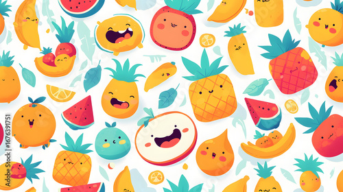cute tropical fruit monsters flat vector comic
