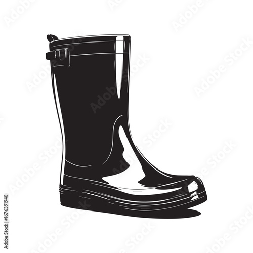 Isolated Black Rubber Rain Boot, Stylish Outerwear Footwear
