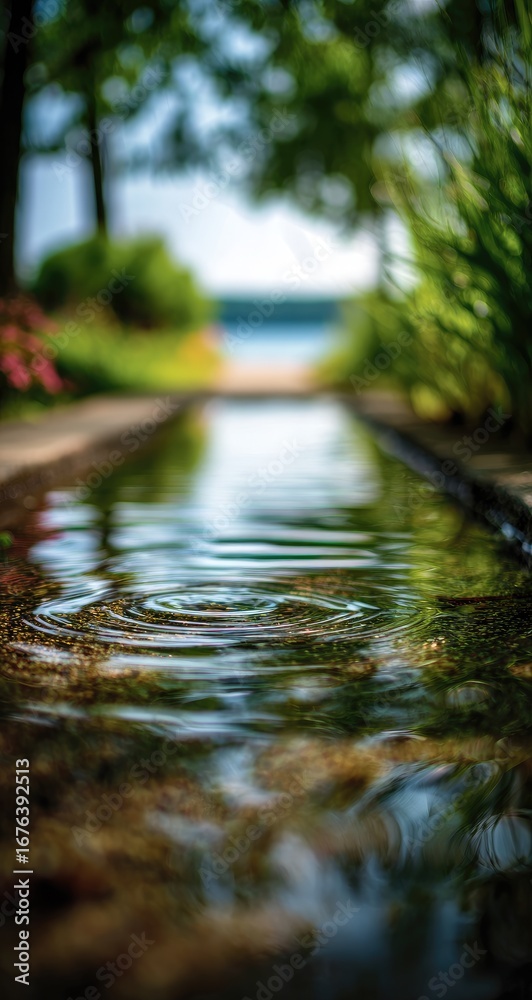 Fototapeta premium Water feature, shallow channel, reflecting greenery