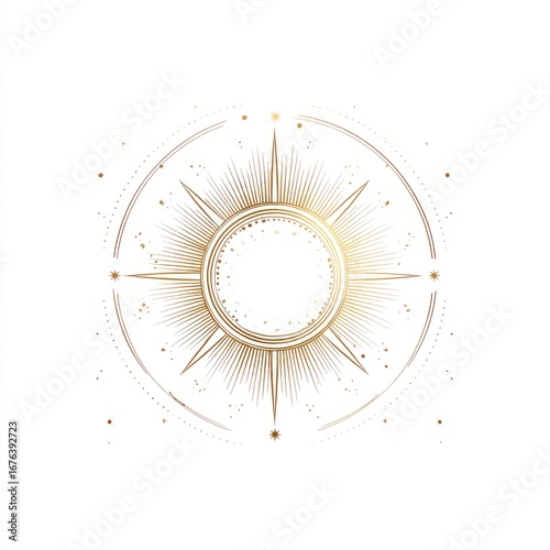 Gold sunburst design with concentric circles and radiating lines, set against a white background