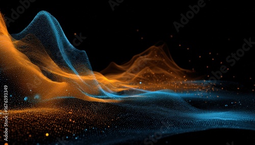 Abstract digital landscape of swirling, textured orange and teal forms on a black background