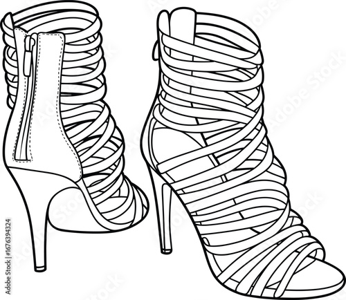 High‑heeled strappy sandals, cage design, open‑toe style, back zipper closure, elegant fashion footwear, black and white line art, detailed vector illustration, stylish women’s shoes