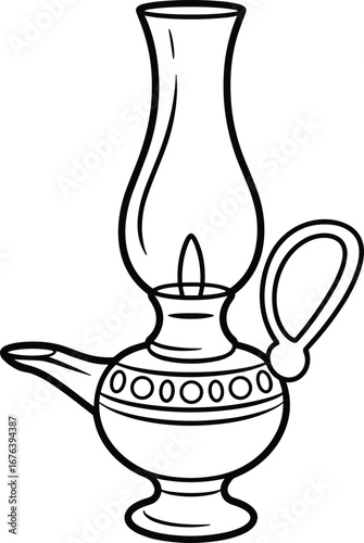 Antique oil lamp, vintage lighting device, decorative base with handle, tall glass chimney, black and white line art, detailed vector illustration, historical illumination equipment