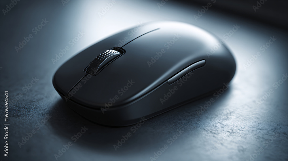 close-up of single black PC mouse with subtle shine on soft light surface, crisp contours and minimal design, clean technology accessory concept with lots of empty space close-up of single black PC mouse with subtle shine on soft light surface, crisp contours and minimal design, clean technology accessory concept with lots of empty space