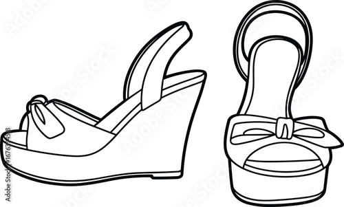 Wedge heel bow sandal vector illustration, open toe design with ankle strap and platform sole, side and front view, isolated, fashion footwear cad drawing style
