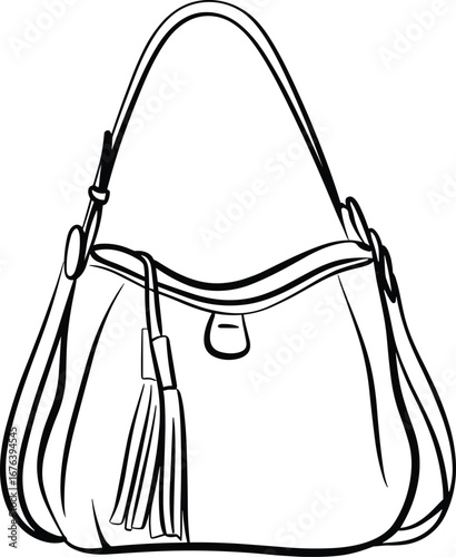 Handbag vector illustration, rounded slouchy body with single shoulder strap and decorative tassel, isolated on white background, fashion accessory design, cad drawing style