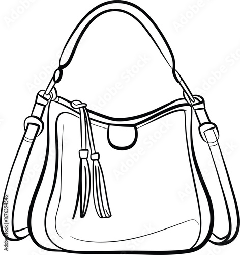Handbag vector illustration, curved top with flap closure and shoulder strap, decorative tassels, isolated on white background, fashion accessory design, cad drawing style