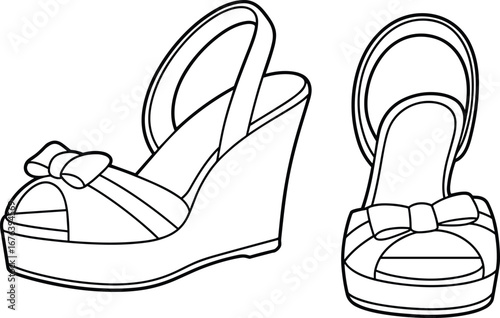Wedge heel bow sandal vector illustration, open toe design with ankle strap and platform sole, isolated on white background, fashion footwear concept, cad drawing style
