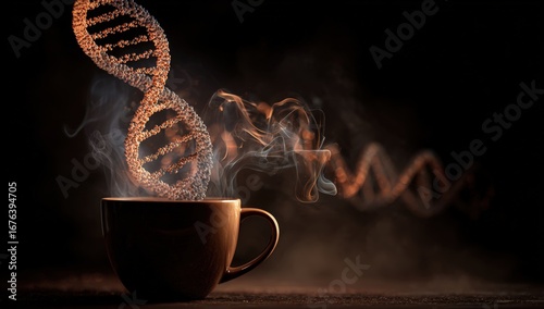 DNA molecule rising from a steaming coffee cup
