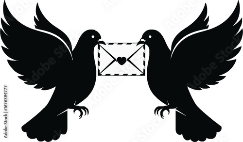 Two Doves with a Love Letter
A striking black and white vector silhouette of two flying doves, facing each other and holding a white envelope with a heart symbo