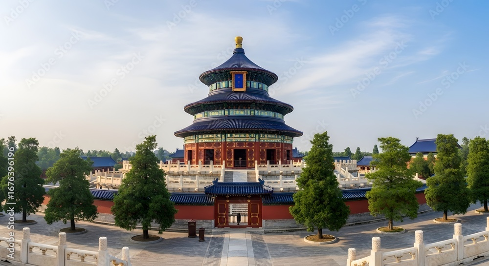 Obraz premium Panoramic view of the iconic Temple of Heaven, an ancient imperial complex and famous tourist landmark in Beijing, China