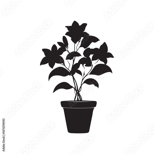 Flower Pot Silhouette Black Plant with Five Blossoms and Oval Leaves on White