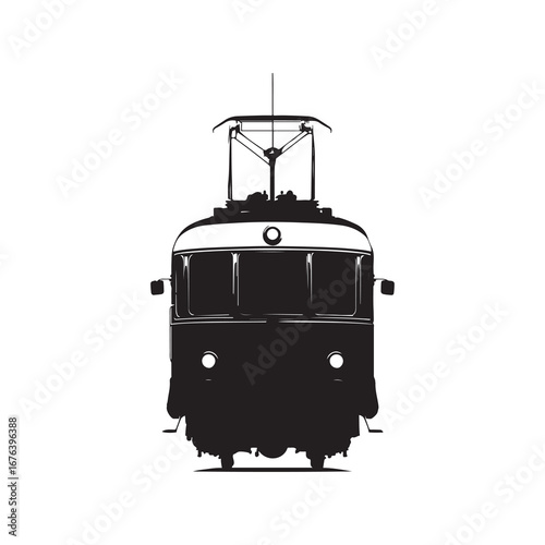 Front View Silhouette of a Classic Tram or Streetcar on White Background
