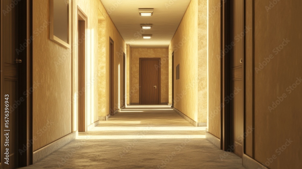 Fototapeta premium Bright and Inviting Hotel Corridor with Warm Lighting and Doors