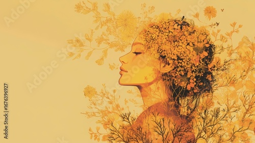 Elegant Woman Profile Surrounded by Floral and Nature Elements