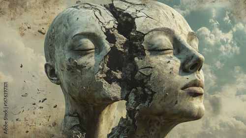 Cracked Stone Faces Symbolizing Transformation and Inner Conflict