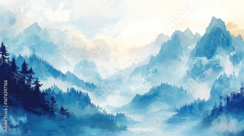 Tranquil Blue Mountain Landscape with Misty Forest and Calm Water