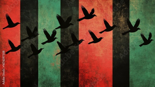 Birds in Flight Against Striped Red and Green Background Texture