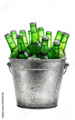 A metal bucket full of ice and green beer bottles