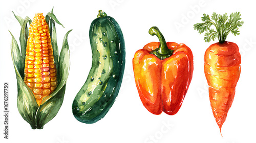 Acrylic gouache watercolor vegetables illustrations set. Corn, pepper, cucumber, carrot. Painted isolated 
