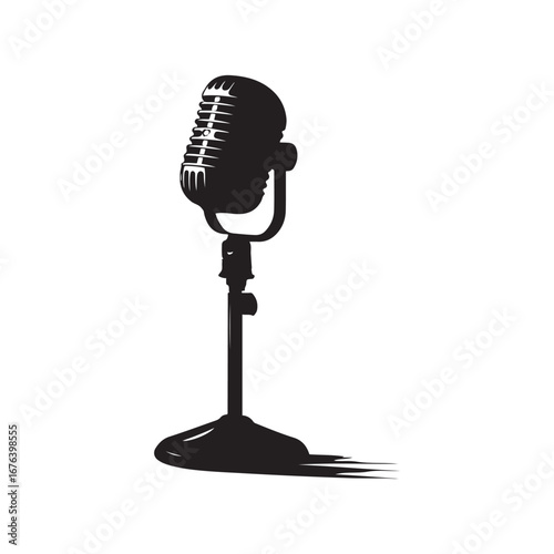 Isolated Black and White Retro Microphone on Stand