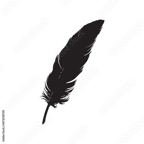 Isolated Black Feather Silhouette on White Background Detailed