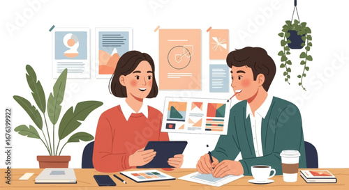 Two colleagues, a woman and a man, are collaborating on a project at a desk, reviewing documents and a tablet in a bright, modern office space.