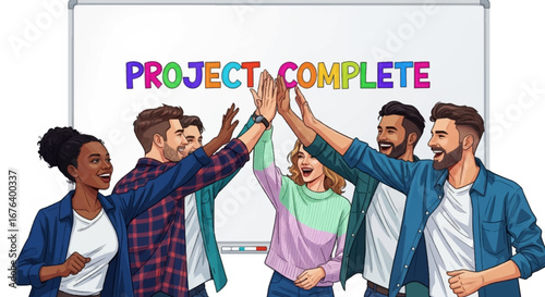 Diverse group of colleagues celebrating project completion with a high five in front of a whiteboard displaying "PROJECT COMPLETE".