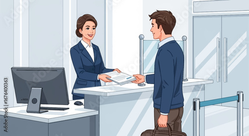 Woman in business attire handing documents to a man at a service counter with a computer monitor.