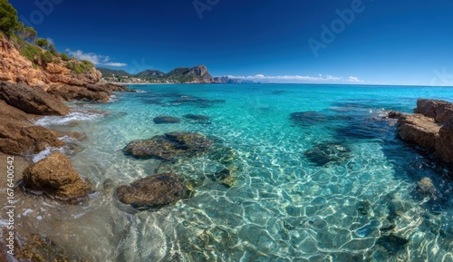 Pristine coastal scene, turquoise water, and rocky shore