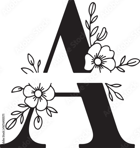 Black letter A adorned with delicate floral elements and leaves initial alphabet
