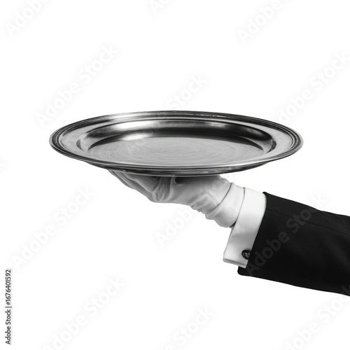 A gloved hand offers a polished tray